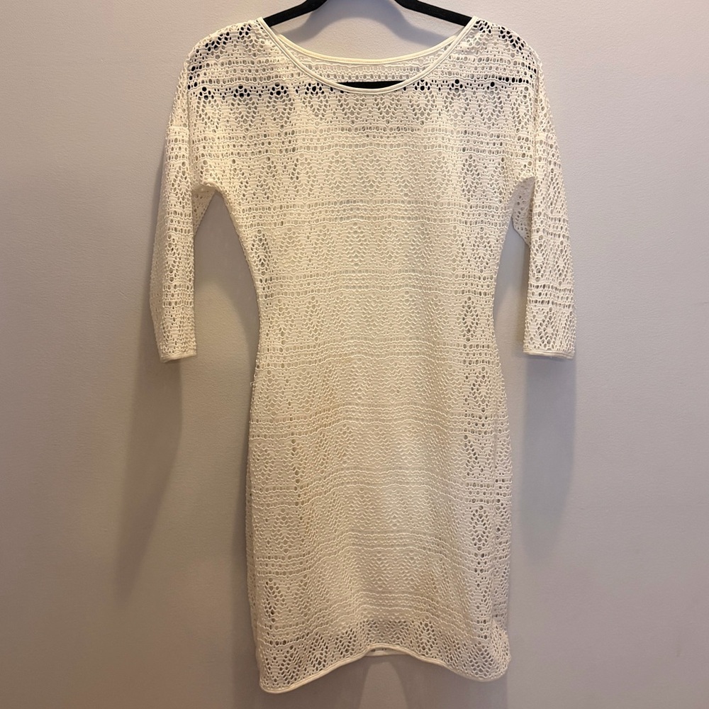 Express Tank Lined Cream Lace Long Sleeve  Dress